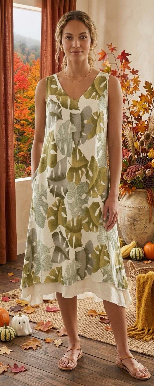 Click by Color Me Cotton Tropical Leaf Print Sleeveless Dress Size L